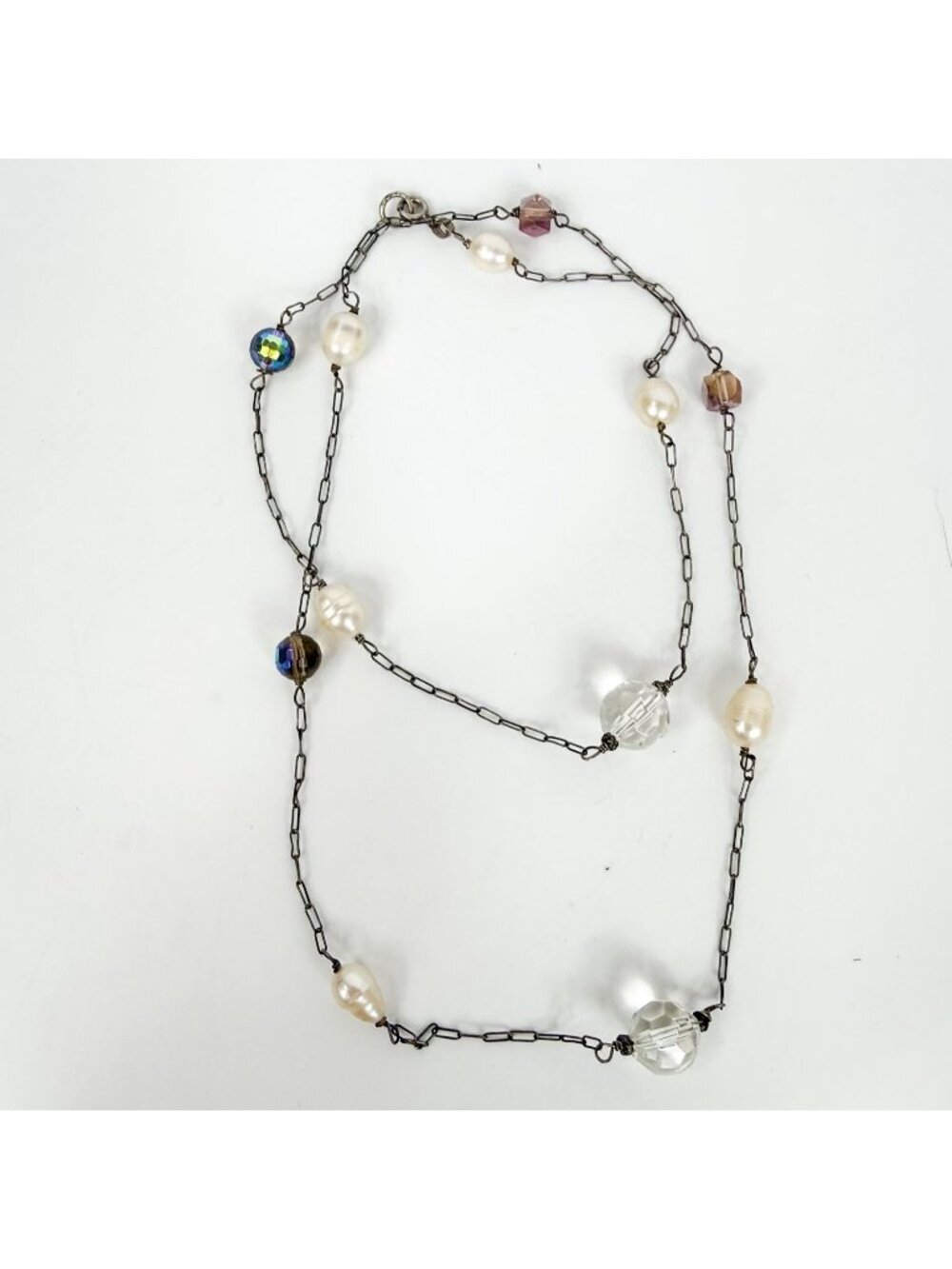 Sterling Silver Pearls AB Faceted Glass Beads Station Chain Necklace Italy